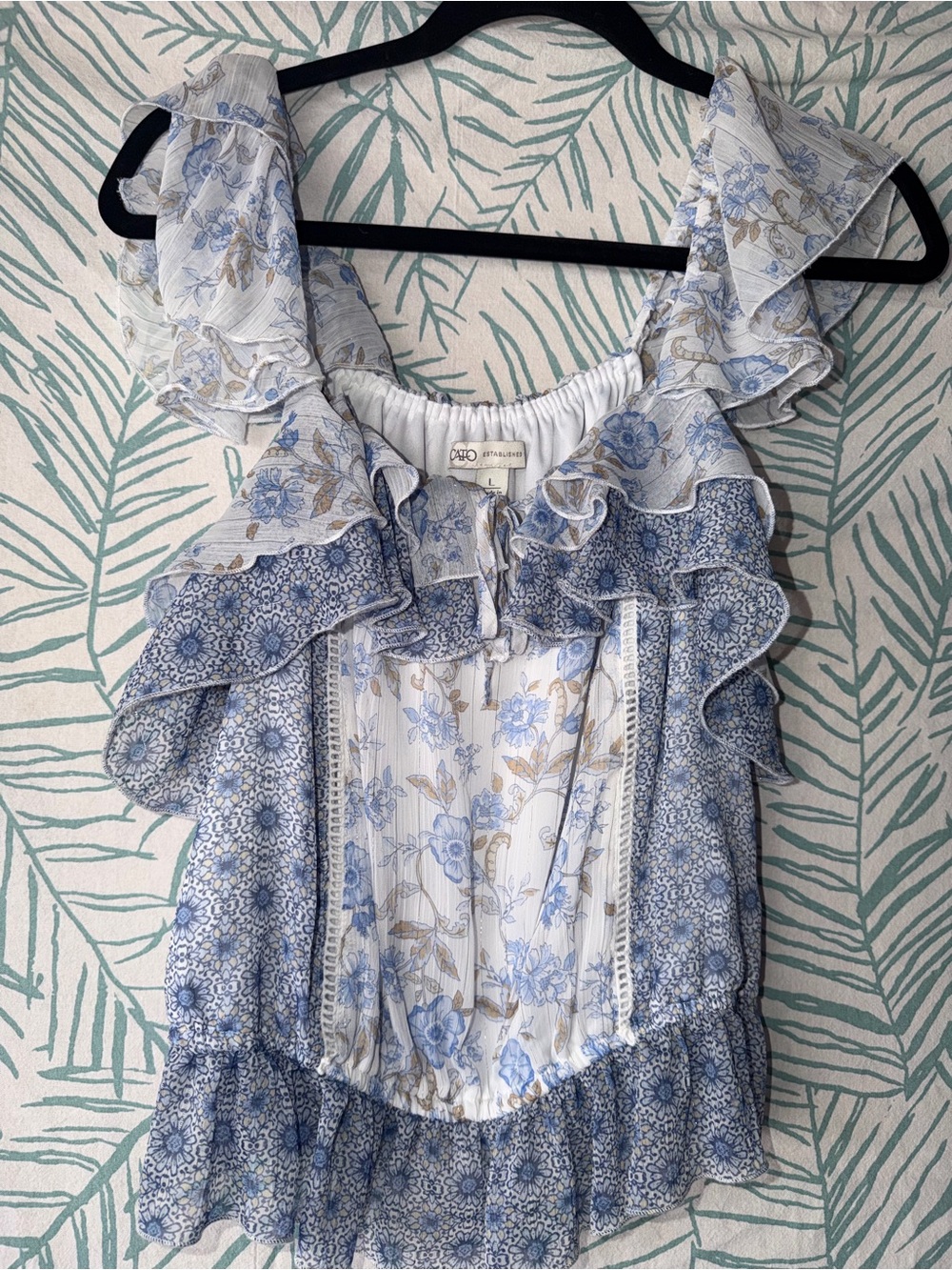 Cato Blue and Cream Floral Ruffle Camisole